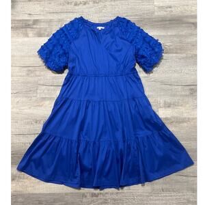 Chicos Long Blue Midi Dress Size 4 XXL Tiered Balloon Short Sleeve Boho Beach